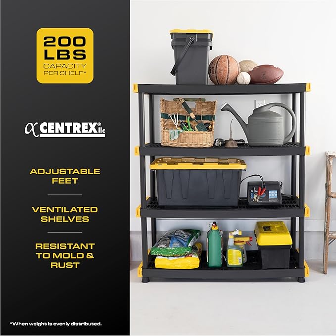 CX Black & Yellow, 4-Tier Heavy Duty Plastic Storage Shelving Unit, 200lbs/shelf (55"H x 48"W x 20"D), for Garage Tools, Basement & Outdoor Organization, Modular Rack