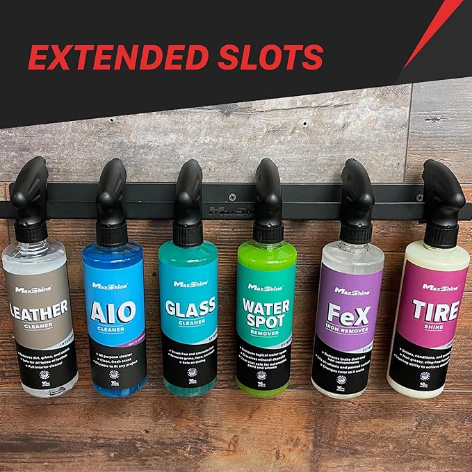 Maxshine Universal Trigger Bottle Holder H03D (Black Metal) | Wall-Mount Organizer Holds 6 Spray Bottles | Lightweight & Durable Rack for Garage Storage, Car Wash, Auto Detailing & Cleaning Supplies