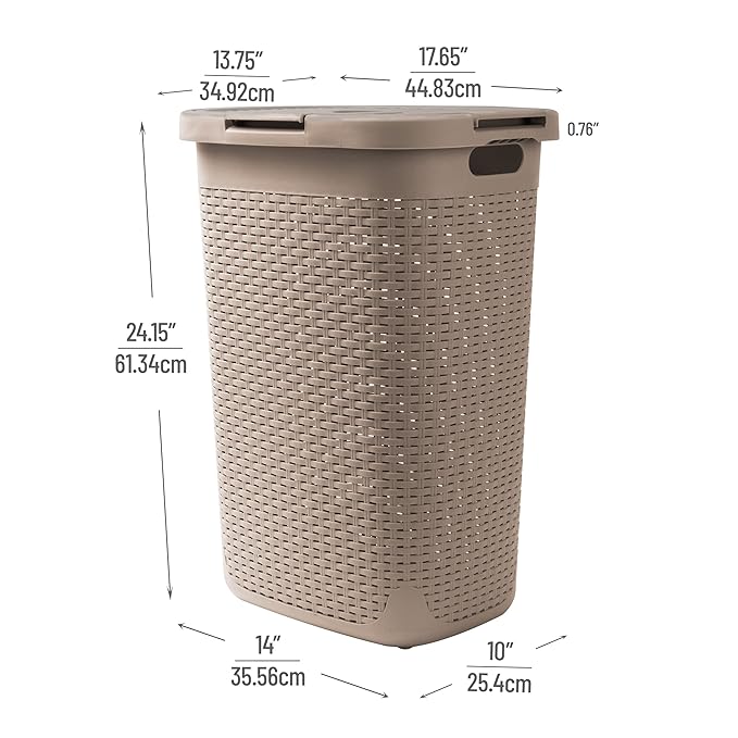 Mind Reader Slim Laundry Hamper with Lid, 60L Clothes Basket, Premium Wicker Design, Plastic, Tan