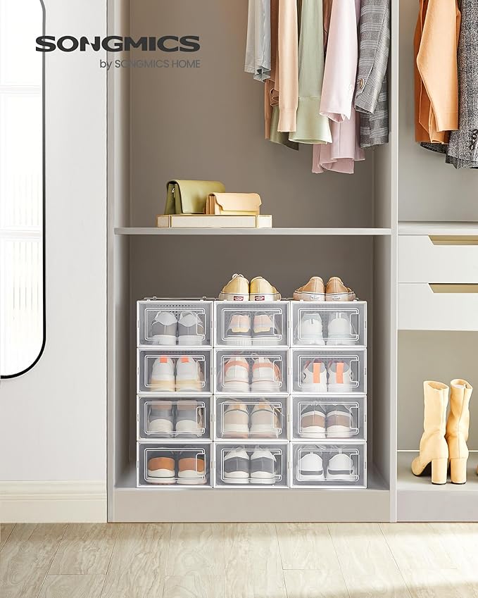 SONGMICS Shoe Boxes, Pack of 15 Shoe Storage Organizers, Stackable Clear Plastic Boxes for Closet, Sneakers, 13.1 x 9.1 x 5.6 Inches, Transparent and White ULSP015W02