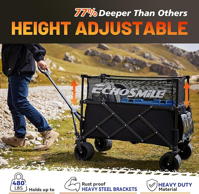 EchoSmile Collapsible Folding Wagon Cart with Mesh Fabric - 480lbs Capacity 2-in-1 Heavy Duty Utility Wagon for Camping, Beach, Grocery &Shopping