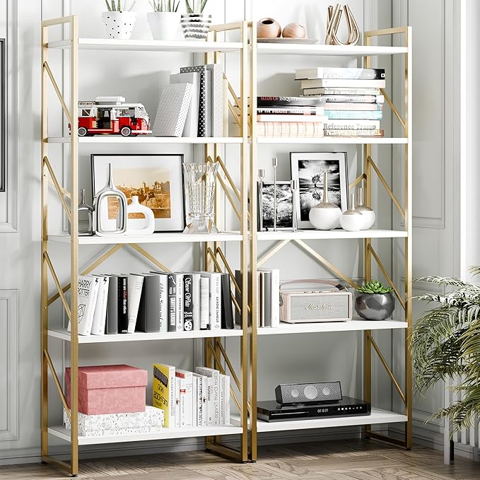 Vongrasig 5 Tier Bookshelf, Modern Tall Bookcase, Industrial Book Shelves Display Standing Shelf, Free Standing Storage Organizer for Bedroom, Living Room, White+Gold