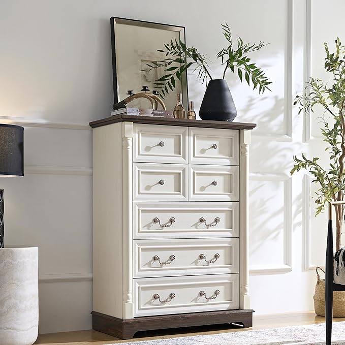 Farmhouse 7 Drawer Dresser with Roman Column Design, 43" Tall Dressers Wood Chest of Drawers for Bedroom,Living Room, Antique White
