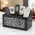SHYFOY Remote Control Holder with 6 Compartments, Black Glass Desktop Organizer, Crystal Detail Design, 4.3x8.3x4 Inches, Multi-Purpose Storage Caddy for TV Remotes and Office Supplies