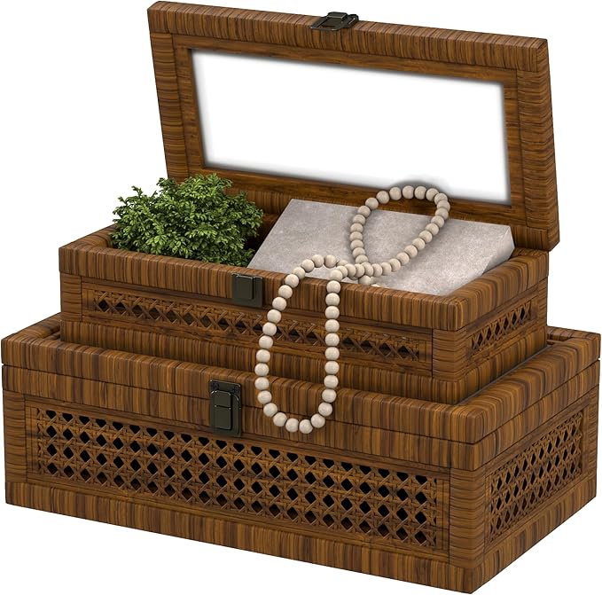 Rattan Decorative Box,Boho Display Boxes with Lids,Set of 2 Rectangular Wicker Storage Decoration,Natural Woven Cane Bins for Home Decor for Rustic Farmhouse(Brown)