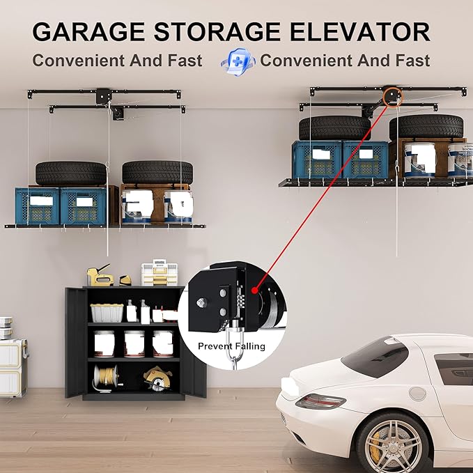 4x8 FT Overhead Garage Storage Rack - 325LBS Heavy-Duty All-Steel Construction | Crank-Down System for High Ceilings 10-12 FT | Manual Safety Lock & Secure Ceiling Installation