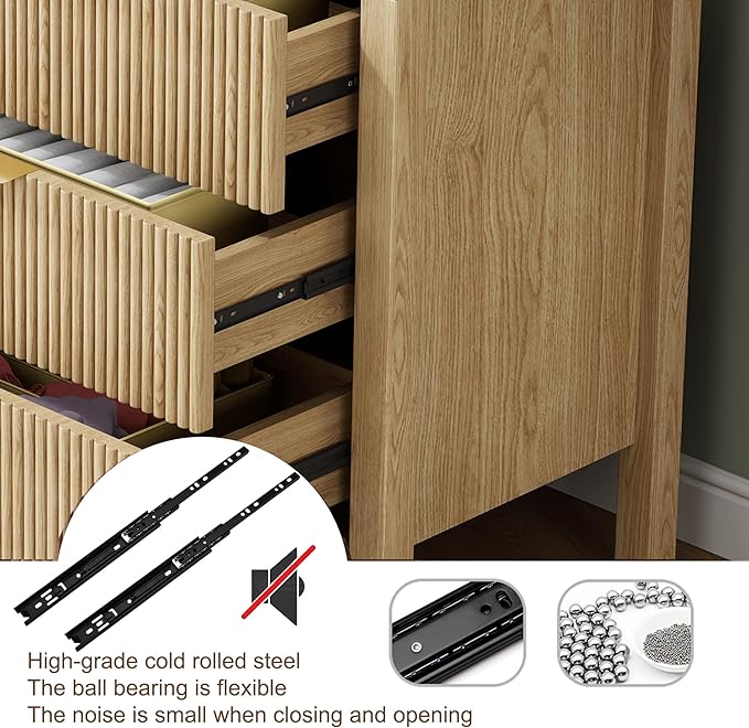 6 Drawer Dresser, Modern Wood Storage Chest of Drawers Organizer with Waveform Panel, Fluted Dresser with Wide Drawers and Golden Handles for Bedroom, Hallway, Entryway, Nature