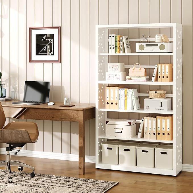 5 Tier Bookcase,Industrial Bookshelf,55" White Metal Tall Bookshelf with Adjustable Feet and Adjustable Shelves,Home Office Bookcase Shelf Storage Organizer for Living Room、Kitchen