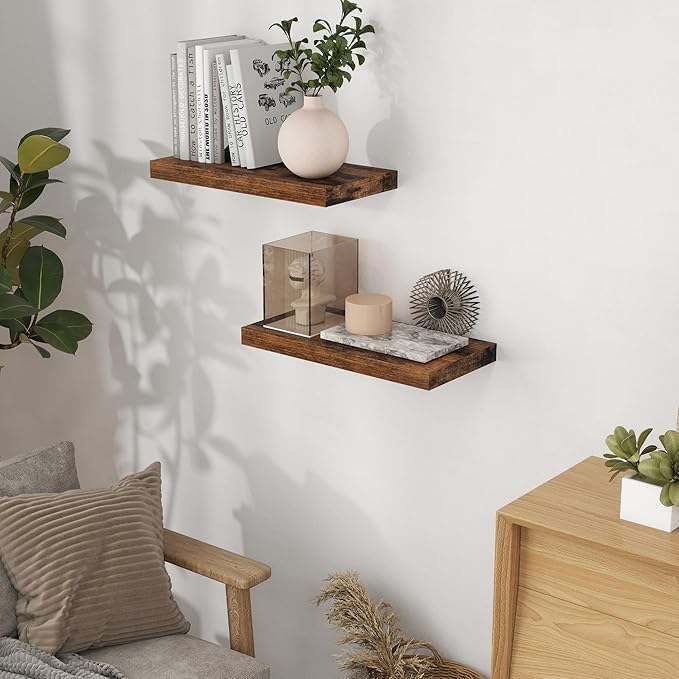 Fun Memories 16Inch Floating Shelves for Wall 2 Pack Shelves for Bedroom|Kitchen|Bathroom Wall Mounted Rustic Wood Floating Shelf with Invisible Brackets for Books|Storage|Decor, Rustic Brown