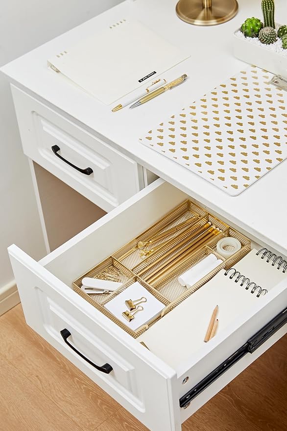 Annova Desk Drawer Organizer Tray for Office Organization - Metal Mesh - Storage Tray with Dividers for Pens, Desktop Accessories, Bathroom, Kitchen, Makeup and Office Supplies (Small, Gold)