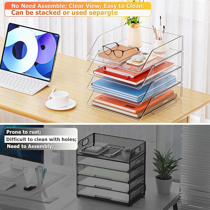 YKLSLH 4 Tier Paper Organizer Letter Tray - Acrylic Stackable Desk File Organizer, Clear Paper Sorter Office Organizer for Letter/A4, Office File Ipad Books Notes Etc