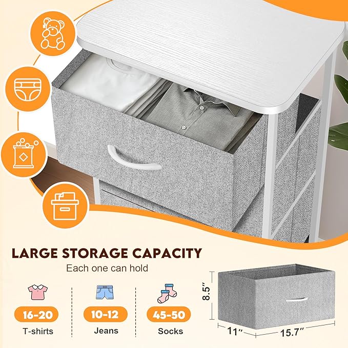 Curved Profile Dresser for Bedroom，5 Fabric Drawer Dresser with Waterproof Wood Top Chest of Drawers for Hallway, Living Room, Kid Room (White)