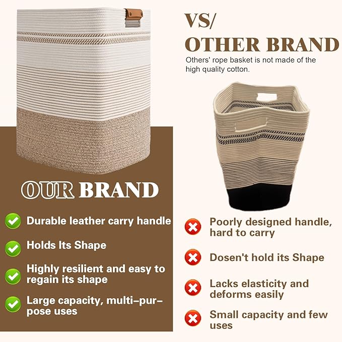 Laundry Hamper, 85L Tall Laundry Basket with Leather Handles, Rectangle Large Clothes Hamper for Organizing, Cotton Woven Laundry Baskets Storage Hampers for Bedroom, Nursery, Living Room