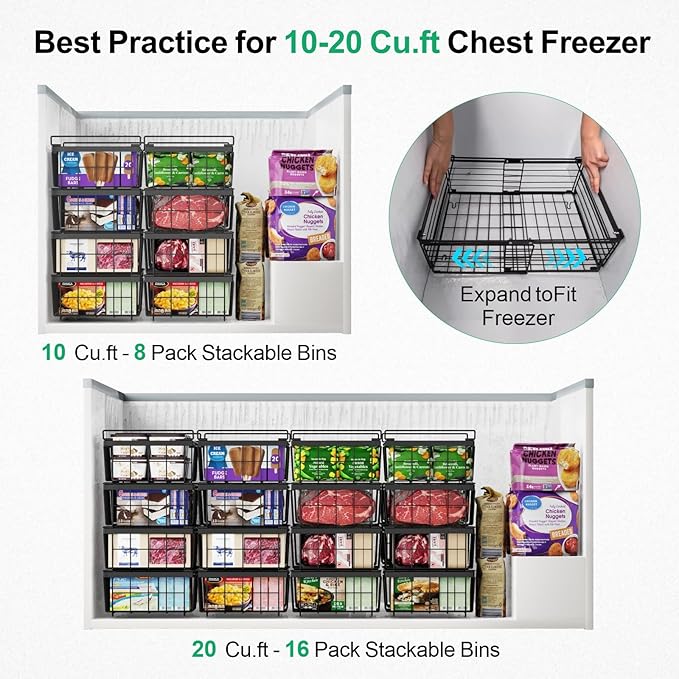 iSPECLE Freezer Organizer Bins - Fit 10 to 20 Cu.FT Chest Freezer, 4 Pack Expandable Stackable Large Deep Freezer Organizer Bins Sort Food, Easily Get Food from Bottom Better Ventilation, Black