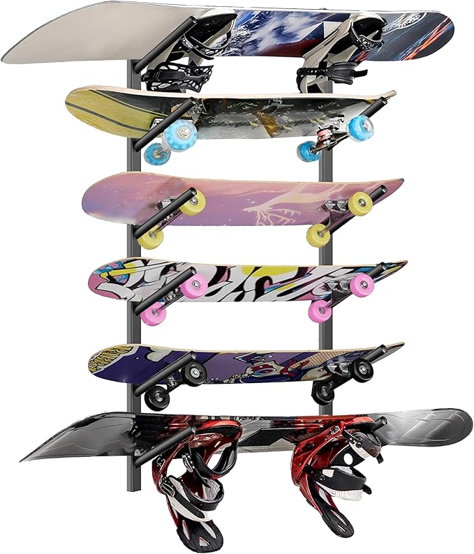 Skateboard Rack Wall Mount – Skateboard Wall Hanger, Snowboard Display Wall Mount, Ski Holder | 6-Floor Skateboard & Ski & Snowboard Storage Rack | Snowboard & Ski Lover Gifts