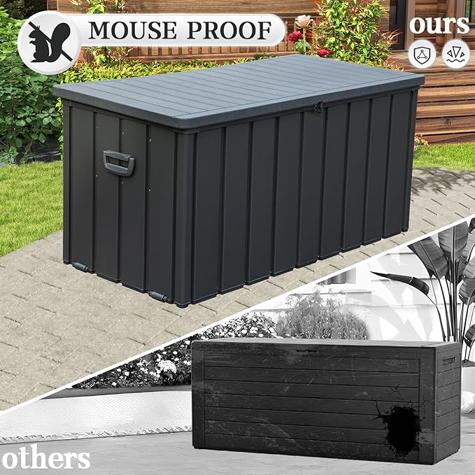Domi 120 Gallon Deck Box, Metal Outdoor Storage Box with Resin Lid Lock Wheels Side Handles, Waterproof Outside Storage Box for Patio Cushions, Shoes & Pool Tools