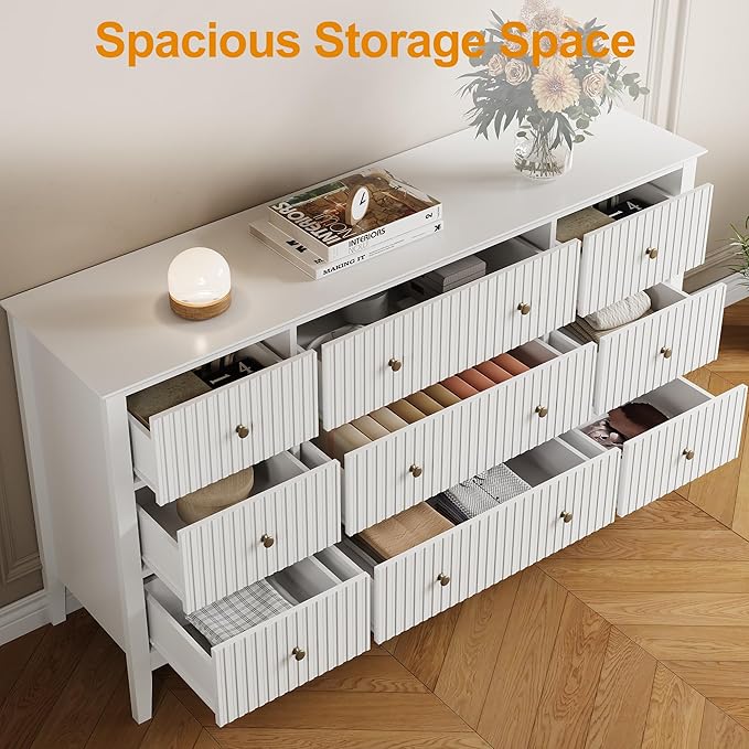 RoyalCraft White Dresser for Bedroom with 9 Drawers, Fluted Painted Wood Chest of Drawers, Modern TV Stand Storage Cabinet for Living Room, Hallway