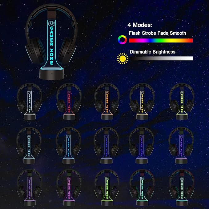YuanDian Light up Headphone Stand for Desk, Gaming Headset Holder RGB with 16 Color Lights for Game Room Decor, Cool Gamer Gifts for Men Boyfriend (Gamer Zone)