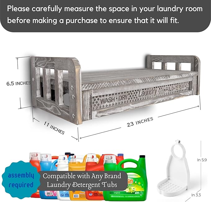 Besuete Wall Mount Laundry Soap Holder - Heavy Duty Hanging Wood Laundry Detergent Holder Shelf, Liquid Laundry Detergent Dispenser, Laundry Room Accessories(Extra Large, Grey)