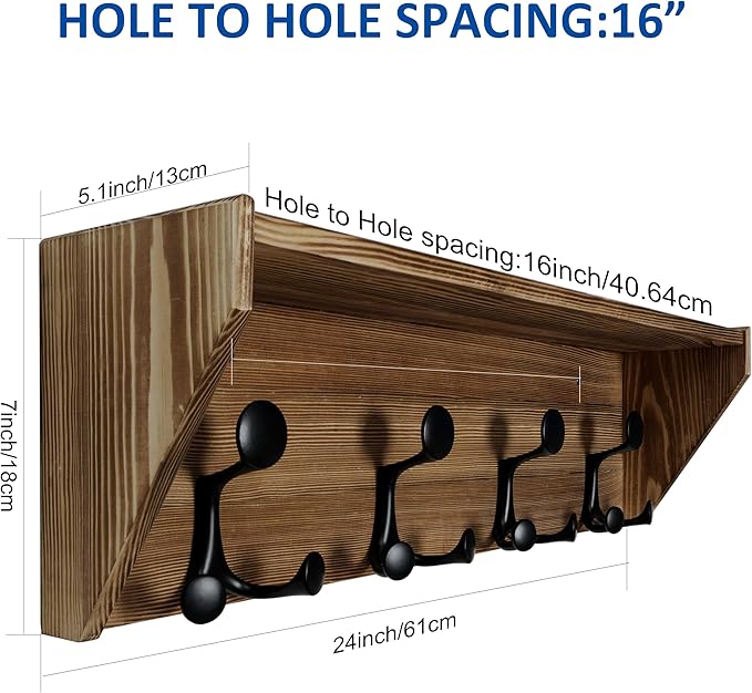 WEBI Wall Shelf with Hooks Underneath,24” Long Wall Mounted Coat Rack with Shelf,Entryway Coat Rack with 4 Triple Hooks for Hanging Coats,Jacket,Hallway,Bedroom,Mudroom,Brown