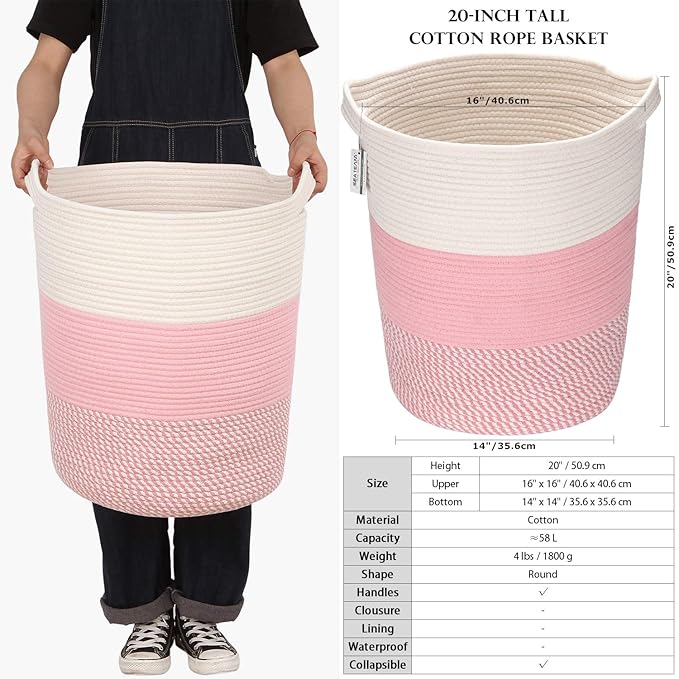 Sea Team Large Size Cotton Rope Woven Storage Basket with Handles, Laundry Hamper, Fabric Bucket, Drum, Clothes Toys Organizer for Kid's Room, 20 x 14 inches, Round Open Design, White & Mottled Pink