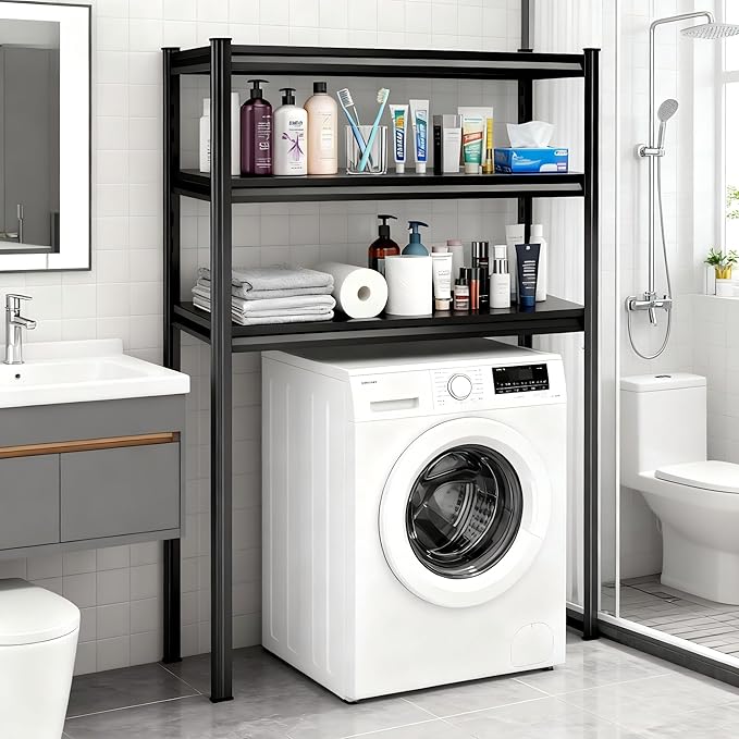 Height-Adjustable Bathroom & Laundry Storage Shelf, 3-Tier Metal Organizer Rack for Washer Dryer, Sturdy Shelving Unit for Bathroom Essentials, 63 x 45.3 x 19.7 Inches