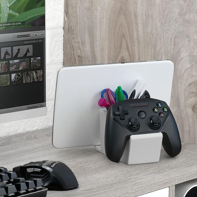 BRAINWAVZ Desk Organizer with Game Controller Holder, Tablet Stand for iPads/iPhones, TV Remote & Pen Storage, Reduce Desktop Clutter, Have All Your Side Table Items in One Space (White)