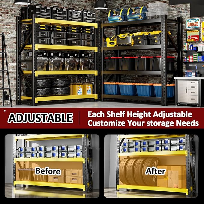 3000LBS Heavy-Duty Garage Shelving, 59" W Metal Shelves, 4-Tier Adjustable Garage Shelving Units, Storage Racks for Warehouse, Workshop