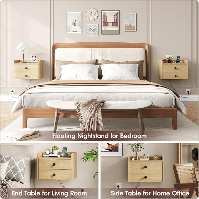 Floating Nightstand Set of 2 with 2 Storage Drawers and Charging Station Wood Wall Mounted Bedside End Table Modern Night Stands Set 2 for Bedroom,Small Space,Natural