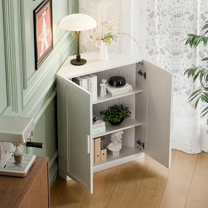 Casaphoria Farmhouse Corner Cabinet, Wooden Corner Storage Cabinet with Adjustable Shelves, Narrow Storage Organizer for Small Space, 36" H x 31" W x 16" D, 51Lb, White
