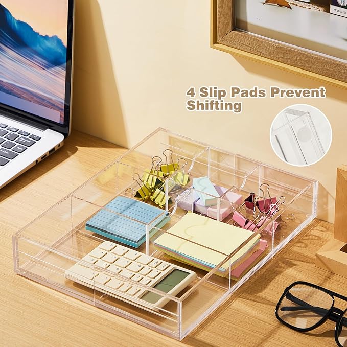 2 Pcs Acrylic Desk Drawer Organizer Maximum 12 x 18 x 2.1 Inch Expandable Drawer Organizer Trays with 8 Adjustable Compartments Desk Accessories for Makeup Silverware Office Bathroom