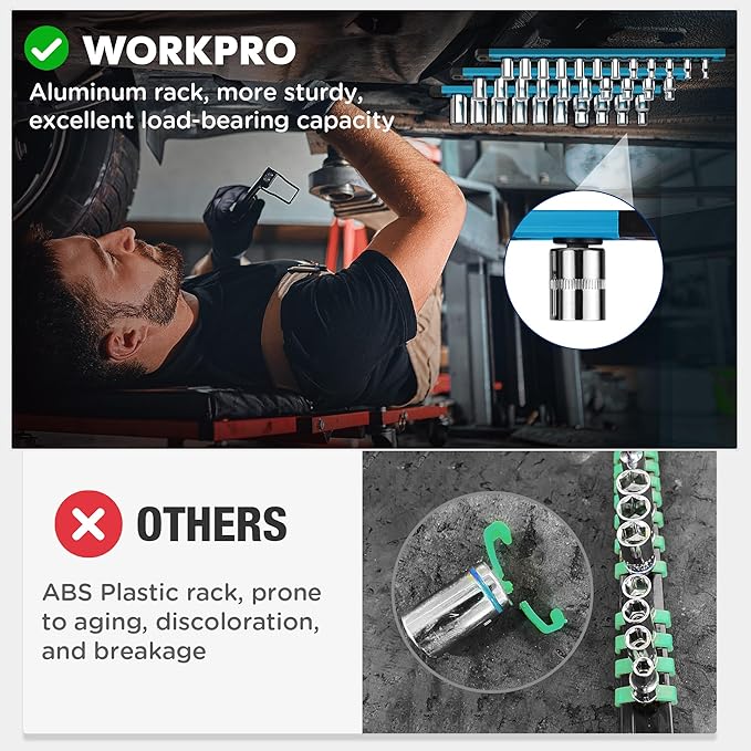 WORKPRO Magnetic Socket Organizer, 1/4-Inch Drive Aluminum Alloy Socket Rail, Heavy Duty Socket Holder, Socket Rack Kit 1/4-Inch x 12 Clips Sky Blue (Socket not Included)