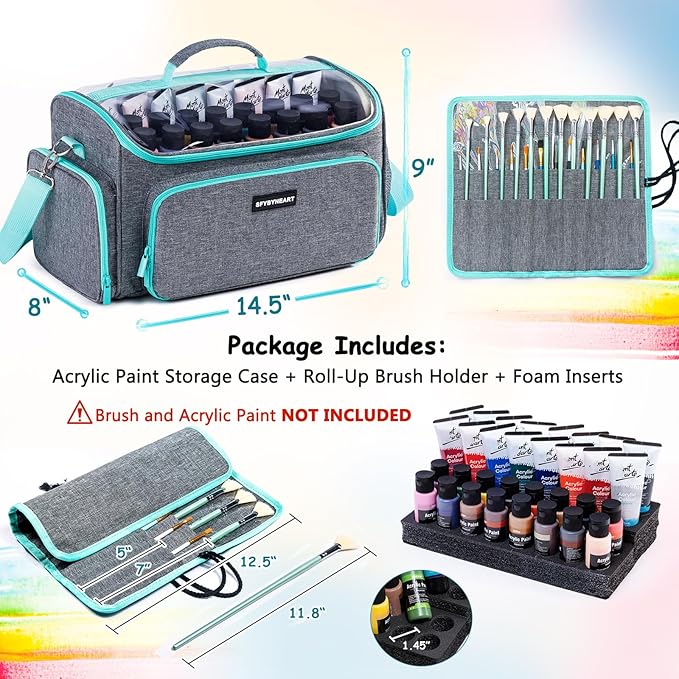 SFYBYHEART Acrylic Paint Organizer Bag with Washable Roll-Up Brush Holder, Large Art Supply Case, Craft Organizer with Foam Inserts for Apple Barrel, Shuttle Art, Caliart Art Supplies Storage Bag