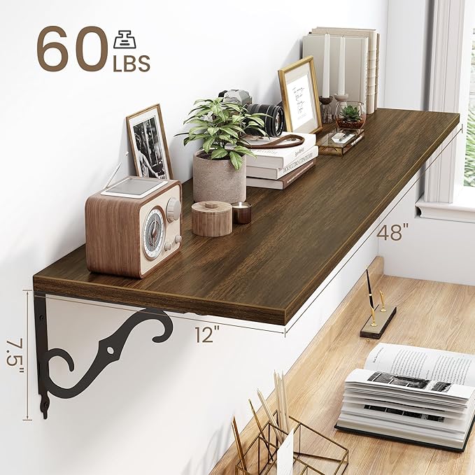 Fun Memories Large Floating Shelves for Wall 48 Inches Long, 12 Inch Deep Shelves with Metal Bracket, 48 Inch Floating Shelves Wall-Mounted, Wide Display & Storage Bookshelves, Walnut, Set of 2