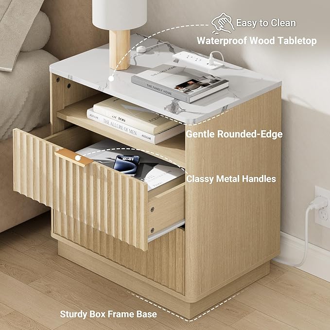 Large Fluted Night Stand with Charging Station, 23" Modern End Table with Faux Marble Top, 2 Drawers Nightstand with Storage, Side Table for Bedroom Living Room,Curved Profile(Natural Oak)