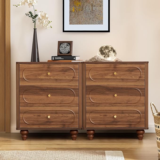 3 Drawer Fluted Dresser for Bedroom Set of 2, Mid Century Modern Chest of Drawers, Wood Storage Small Dresser Organizer for Bedroom Living Room Hallway Closet, Walnut