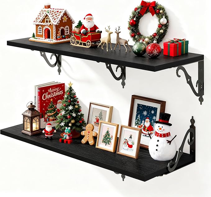 Deep Floating Shelves for Wall, 32"W x 12"D Wall Shelves, 12 Inch Deep Floating Shelf with Bracket, 32 Inch Floating Shelves Set of 2, Rustic Shelves for Living Room, Bathroom and Kitchen, Black