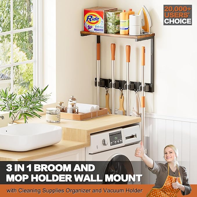 Broom Holder Wall Mount with Cleaning Supplies Organizer, Laundry Room Organization and Storage Shelves, Mop Hanger Broom Rack with Hooks, Home Improvement Kitchen Shelf Garage Organizer