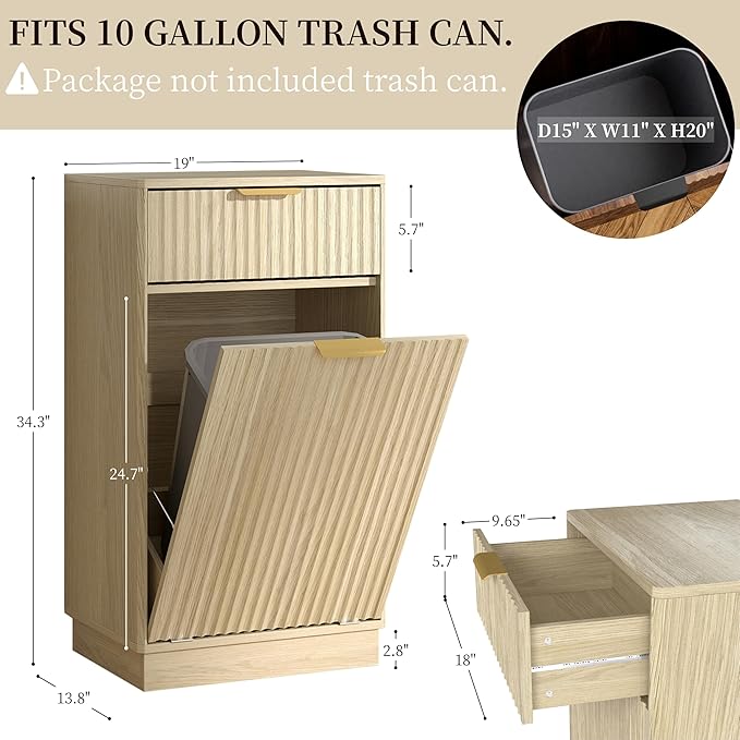 Tilt-Out Trash Cabinet with 10-Gallon Capacity, Walnut Laundry Hamper Cabinet, 34.3 x 19 x 13.8 inches, Wave-Textured Front.