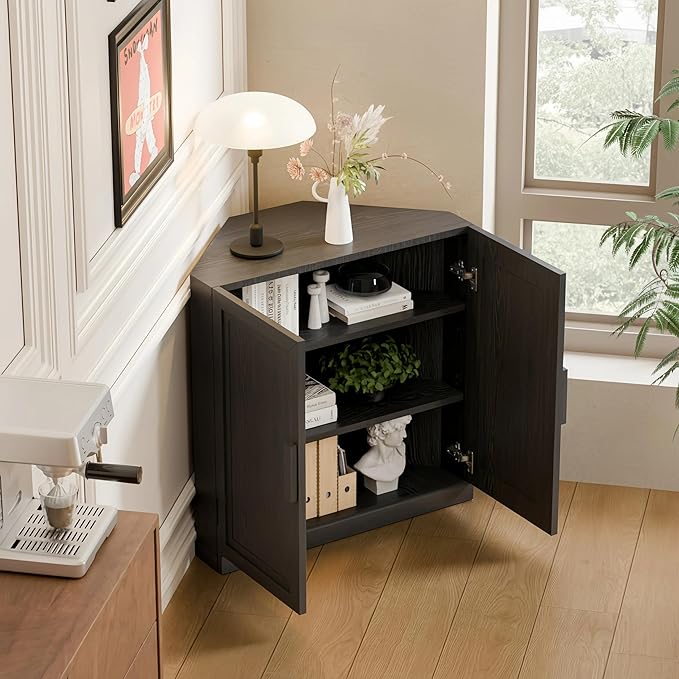 Casaphoria Farmhouse Corner Cabinet, Wooden Corner Storage Cabinet with Adjustable Shelves, Narrow Storage Organizer for Small Space, 31" H x 31" W x 16" D, 44Lb, Black