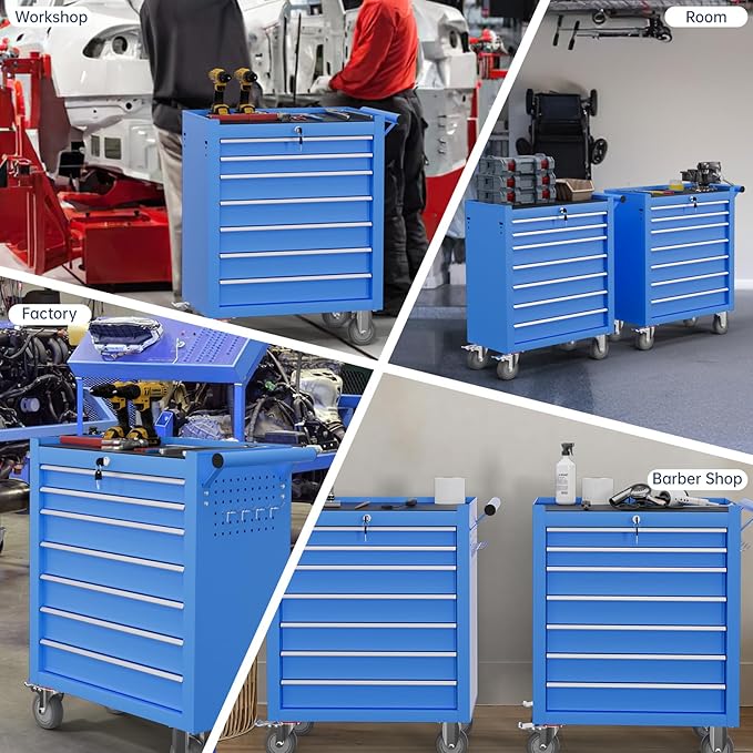 7-Drawer Tool Chest,Rolling Tool Cart with Wheels,High Capacity Tool Cabinet with Locking System for Garage, Warehouse, Workshop-Blue