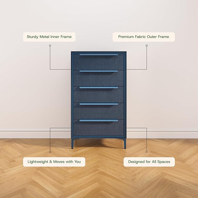 tinge Naima Premium Fabric Dresser - Strong Metal Frame, 5 Spacious Sag-Proof Drawers with Sleek Metal Handles - Premium & Durable Storage Solution for Your Home (Navy)