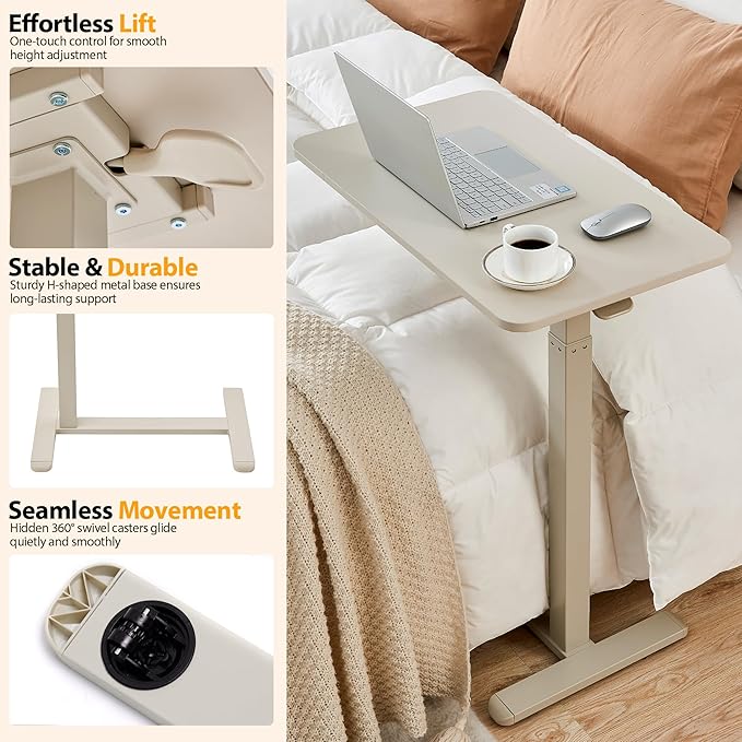Overbed Table with Hidden Wheels, Height Adjustable Medical Bed Table Hospital Bedside Table, 28" W x 16" D Rolling Laptop Standing Desk for Home & Office, Greyish White