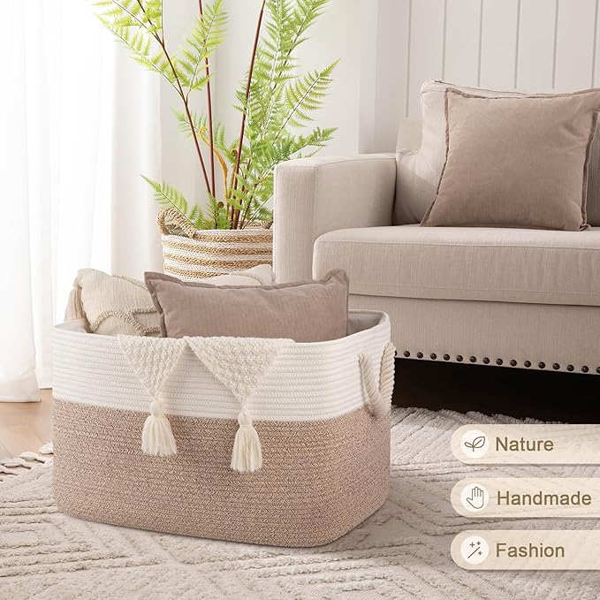 95L Extra Large Blanket Basket with Lid, 24" x 16.9" x 14.2" Woven Storage Basket for Living Room, Rectangle Nursery Blanket Storage for Toys, Towels, Dirty Clothes, Yellow & White