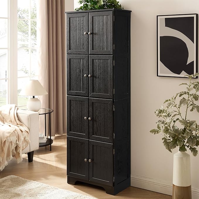 72" H Farmhouse Storage Cabinet, 4 Tier Kitchen Pantry Cabinet with 4 Shelves, 8 Doors Freestanding Floor Storage Cabinet Wooden Organizer Bookcase for Living Room & Kitchen (Black)