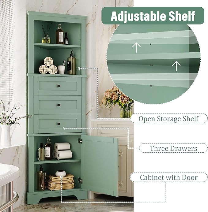 68.9" Tall Triangle Corner Cabinet with 3 Drawers & Adjustable Shelf, Freestanding Storage Cabinet,Water-Resistant, Anti-Tip Design,Space-Saving Organizer for Bathroom, Kitchen, Living Room, Green