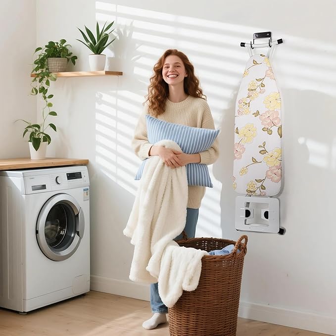 Ironing Board Hanger Wall Mount, Ironing Board Holder for Y or T Shaped,Stainless Steel Wall Hook Iron Board Holder for Laundry Rooms with 2 Hooks (White)