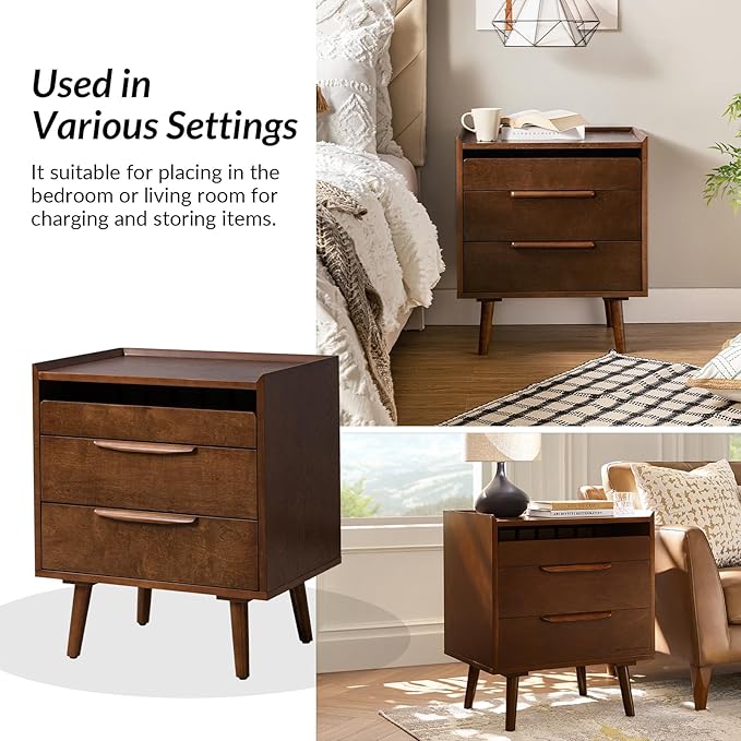 HULALA HOME 2 Drawer Nightstand with Charging Station, Mid-Century Modern Bedside Tables with Wood Legs, Wood Night Stand with Pull-Out Shelf, Walnut