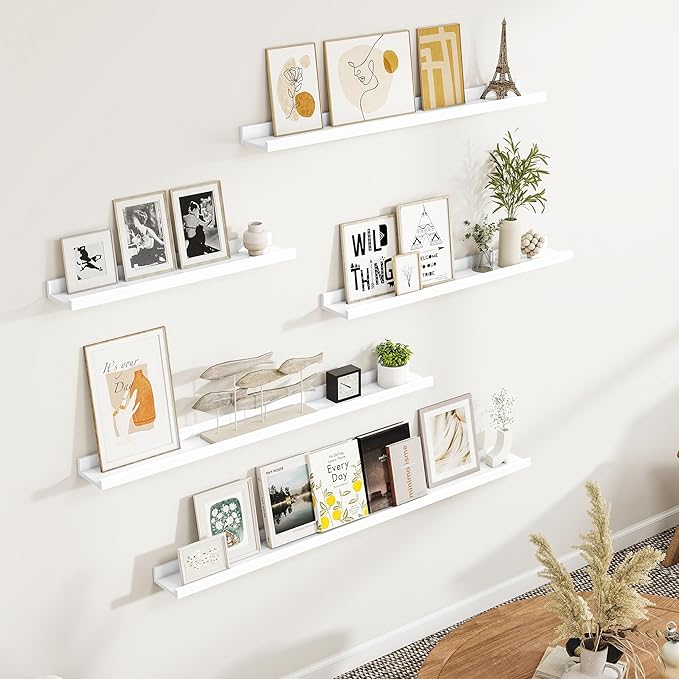 Fun Memories Picture Ledge Shelf, White Floating Shelves Set of 4, 36 Inch Picture Shelves for Wall with Ledge, Large Nursery Book Shelf for Toys Storage, Living Room, Bedroom Decor Frames