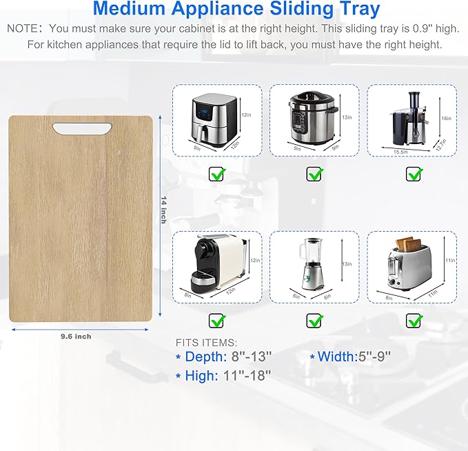 Marine Wood Appliance Sliding Tray, Heavy-Duty 200lbs Capacity Kitchen Appliance Slider with 8 Nylon Wheels, Scratch Proof Design for Coffee Maker, Air Fryer,Cabinet Storage(14"x9.6"x0.6")
